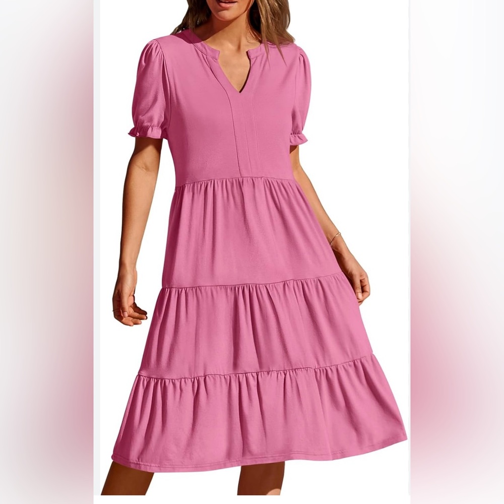 Chic Pink Midi Dress with Puff Sleeves